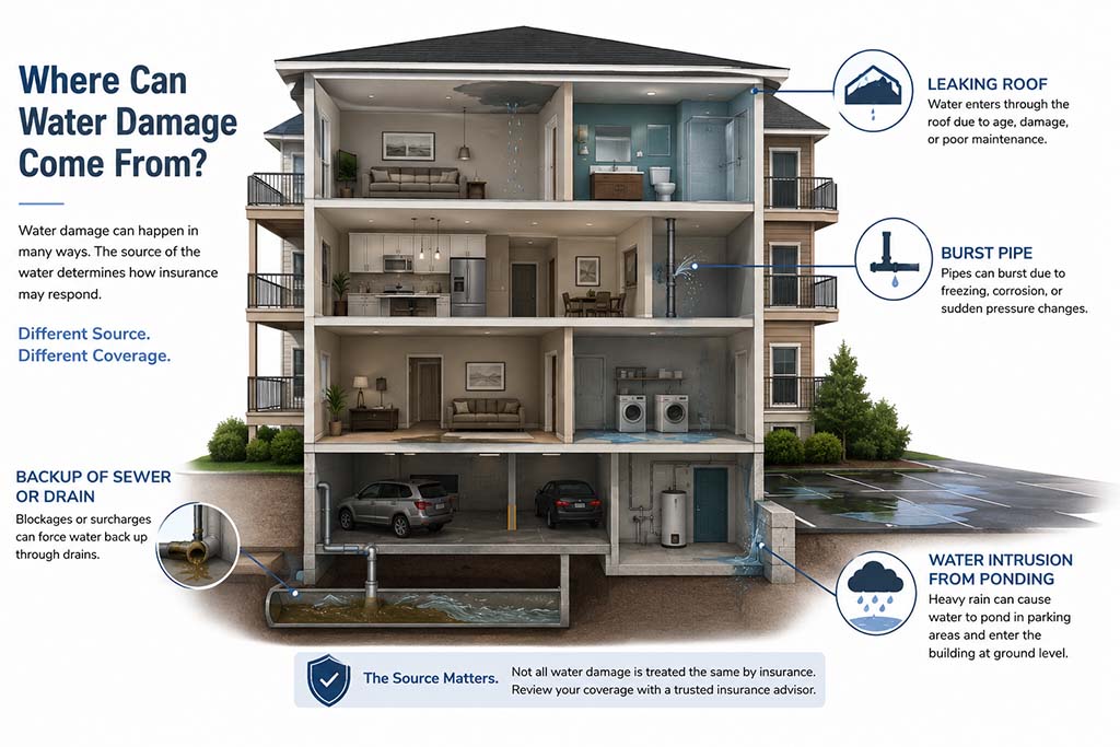 illustration showing where water damage can come from